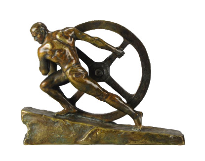 Image of a bronze sculpture of a muscular man moving a heavy wheel - strength and balance in harmony 
